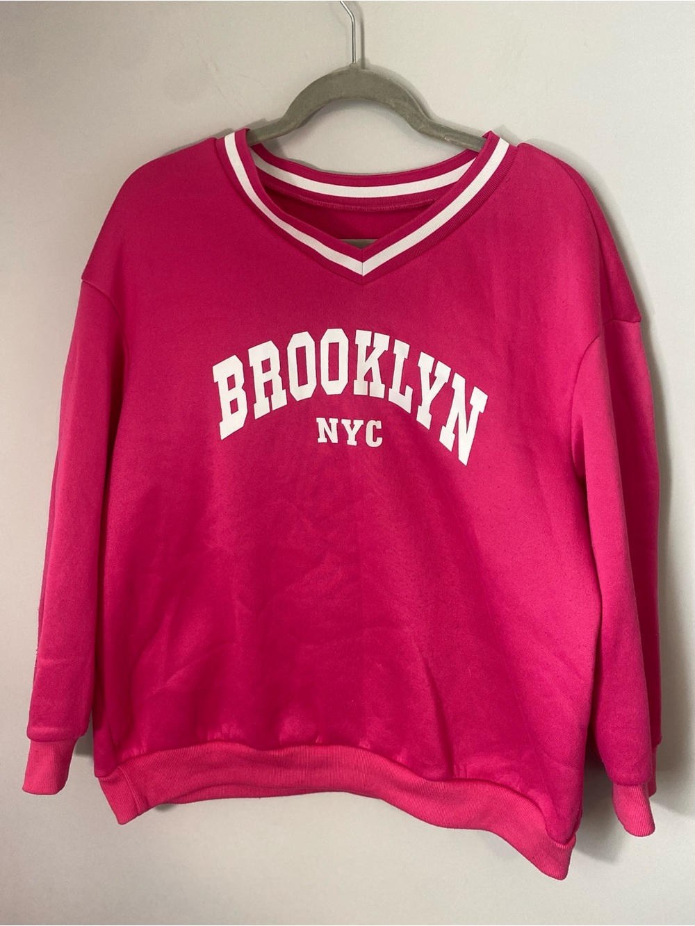 SHEIN Hot Pink V-Neck 'BROOKLYN NYC' Sweater